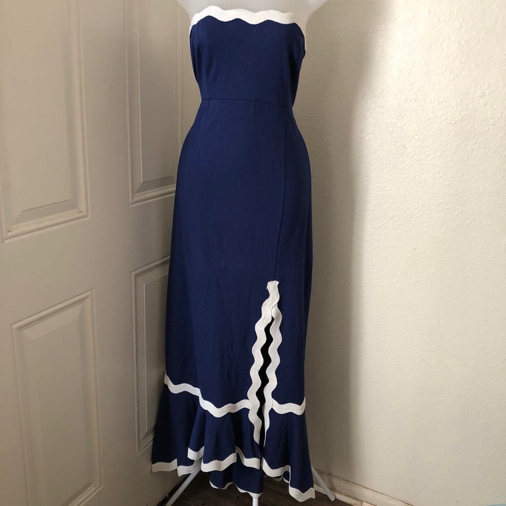 Navy Blue White tube strapless scallop edge long maxi dress with white trim slit - Picture 6 of 7